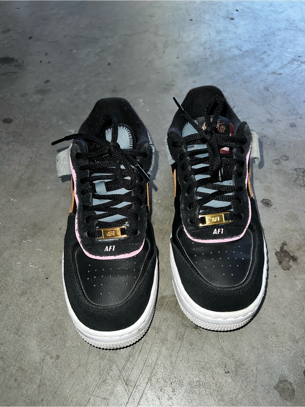 Nike Black Leather AF1 Low Sneakers with Pink & Metallic Gold Accents
